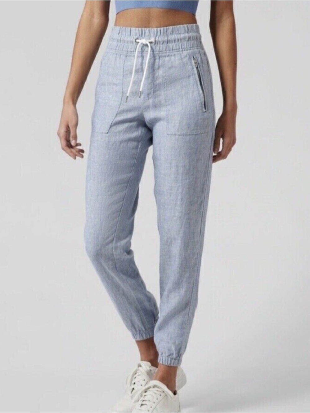 Athleta Cabo 100% Linen Jogger Pants Chambray Blue Size 4 Travel Resort NWOT